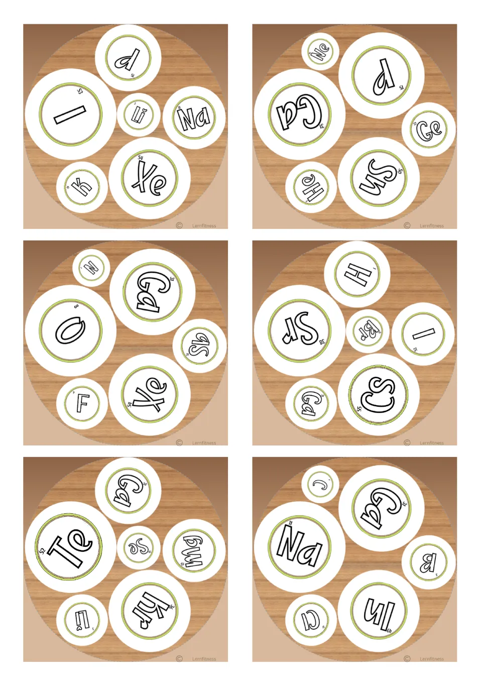 More square element cards with six rotated symbols each, including I, Xe, Ga, Na, Te, Kr and Cs, for matching practice