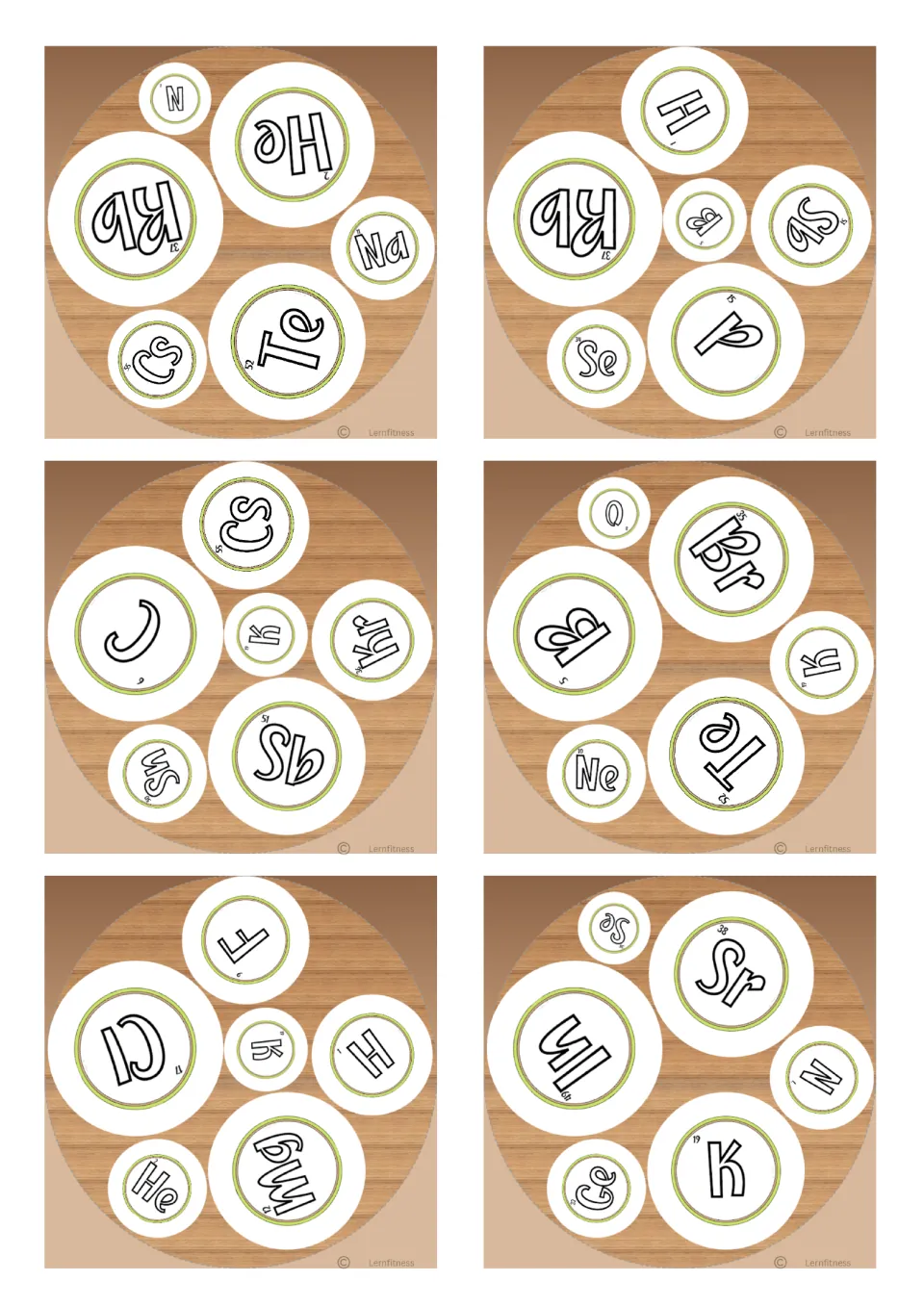 Square game cards showing element symbols such as Rb, He, Te, Cs, Br, K and Sr, six per card, to find the one in common