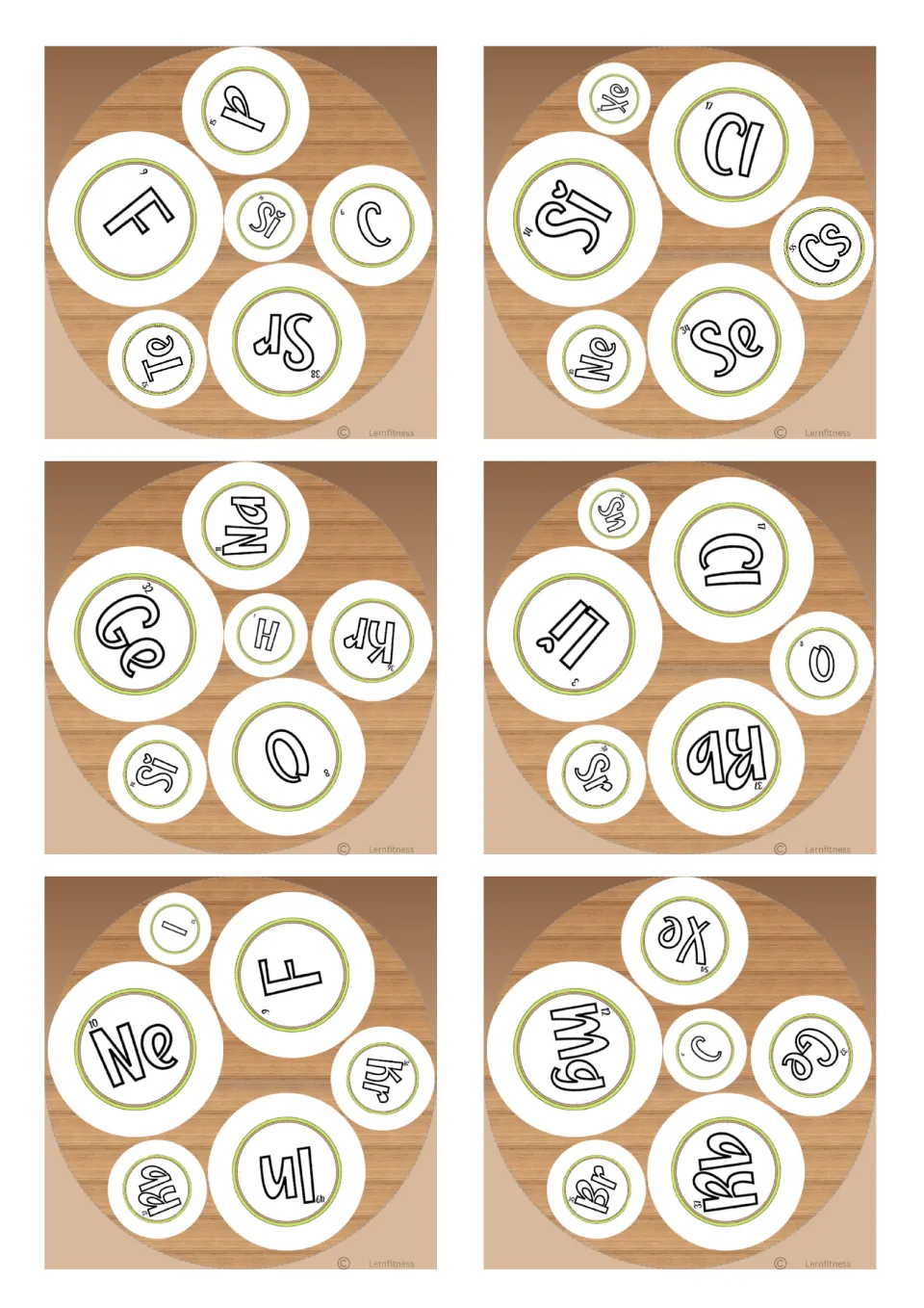 Square element cards featuring symbols like F, Sr, Si, Cl, Se, Ge, Ne, In and Mg, six to a card, for quick recognition