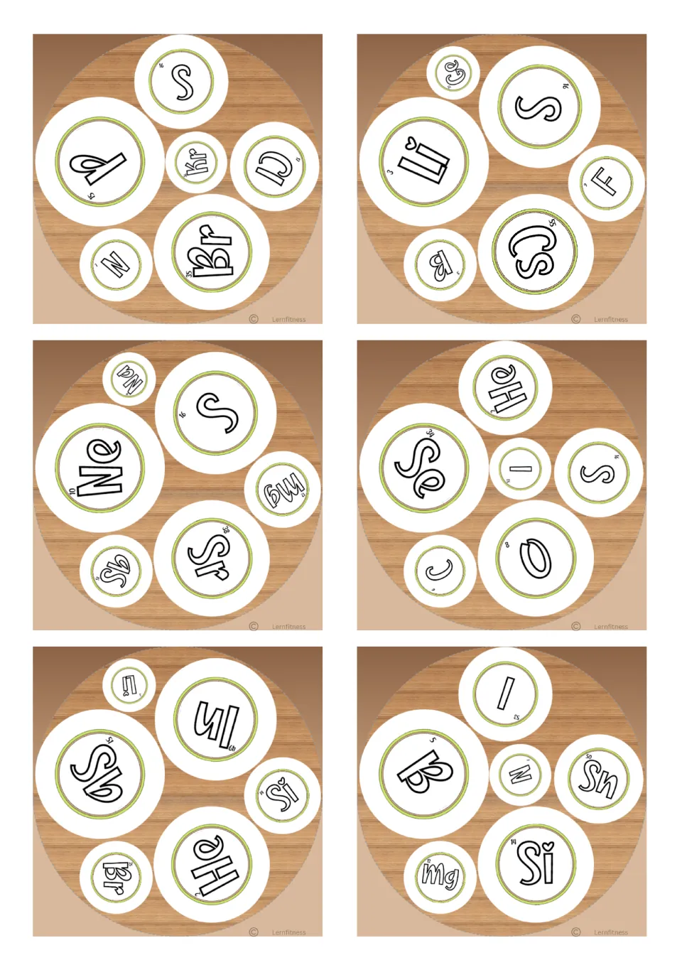 Square match cards with element symbols including S, P, Br, Cs, Li, Ne, Sr, Se, O and In, six symbols on every card