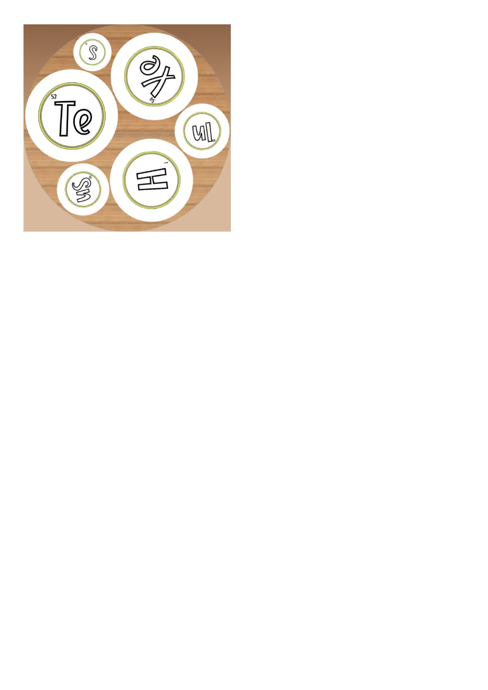 Final square element card in the set, showing the symbols Te, Xe, In, H, Sn and S for the matching game