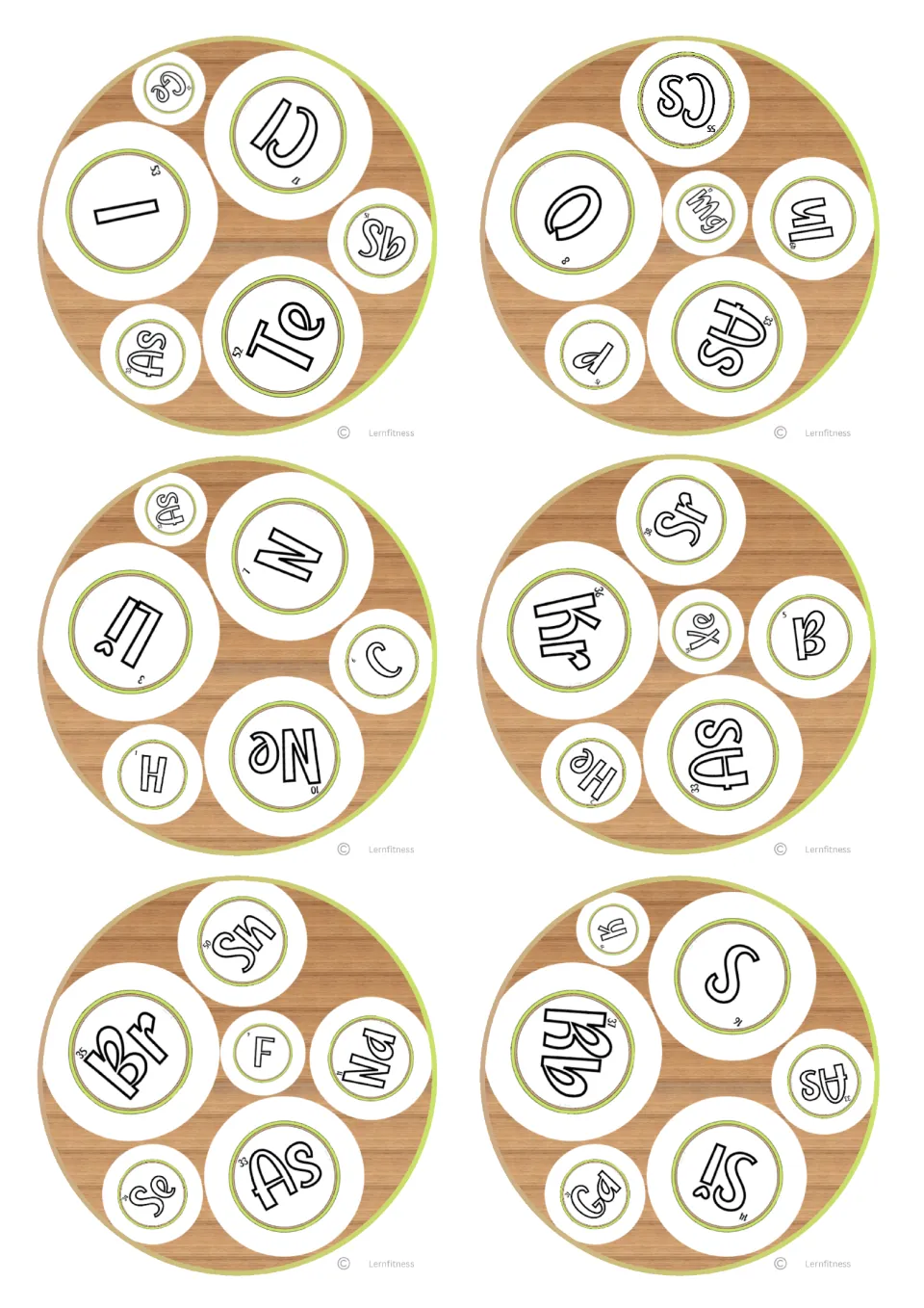 Round version of the element cards: six circular cards with symbols such as I, Te, O, Kr, Br, As and Rb for finding pairs