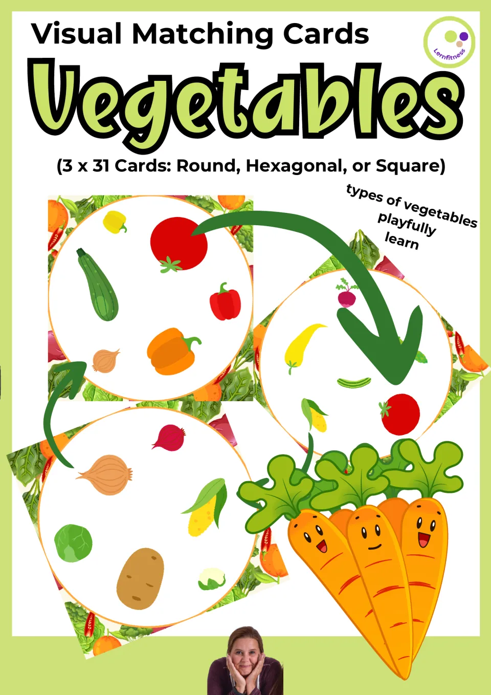 Vegetables visual matching cards cover: 3 sets of 31 cards in round, hexagonal or square shapes, with sample cards