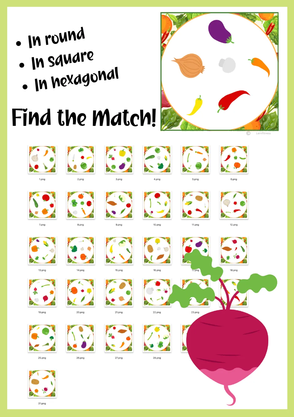 Find the Match overview: numbered thumbnails of all 31 vegetable cards, offered in round, square or hexagonal shapes