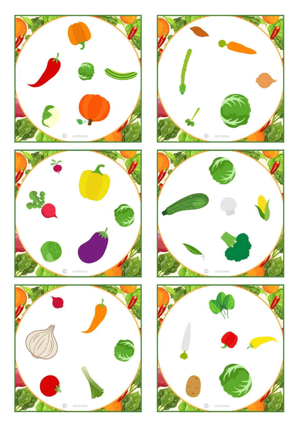 Square vegetable picture cards: six cards with six vegetables each, such as chili, pumpkin, cabbage, eggplant and broccoli