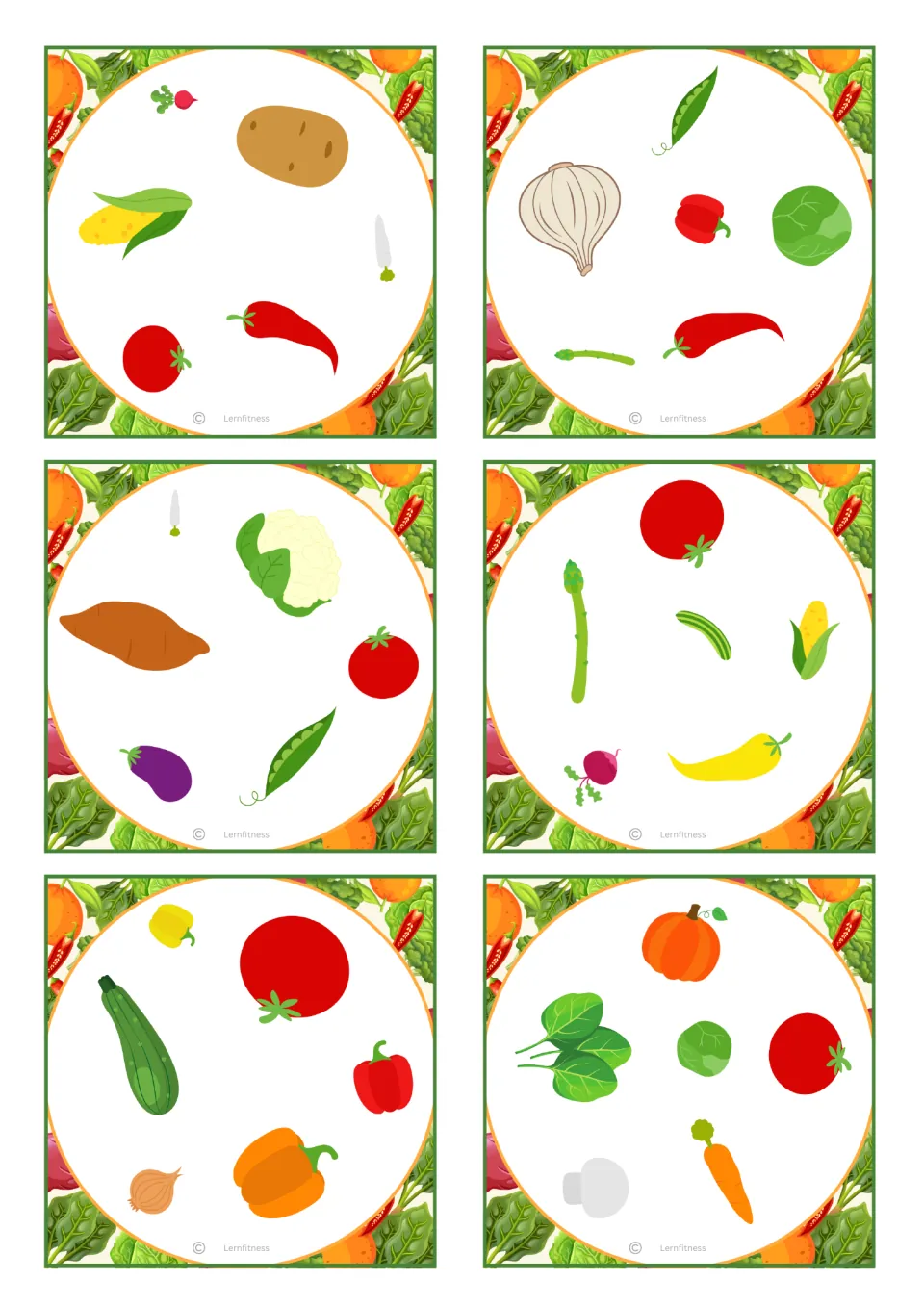 Square vegetable picture cards: six more cards showing potato, corn, sweet potato, tomato, zucchini and spinach to match