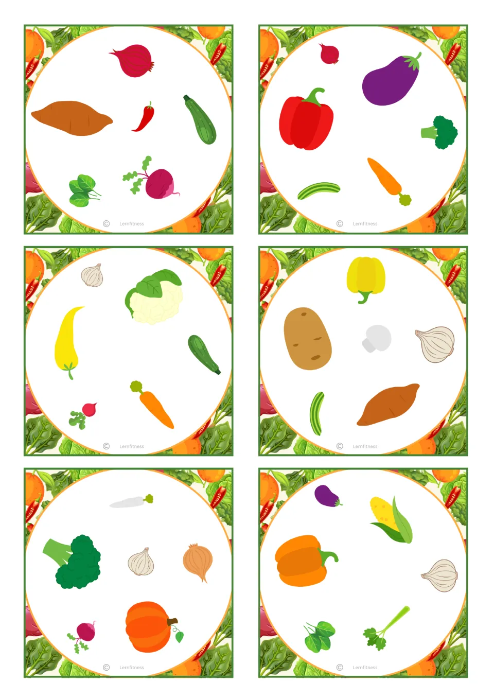 Square vegetable cards for spotting pairs: beet, eggplant, cauliflower, mushroom, pumpkin and parsley appear on six cards
