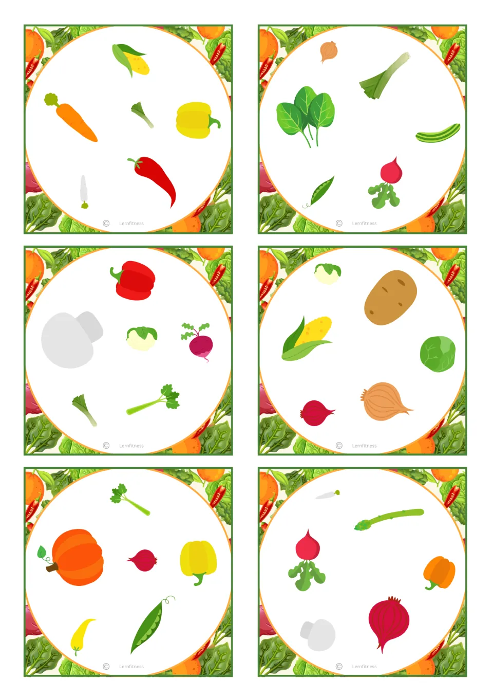Square vegetable cards for visual matching: carrot, leek, spinach, radish, celery and peas pictured across six cards