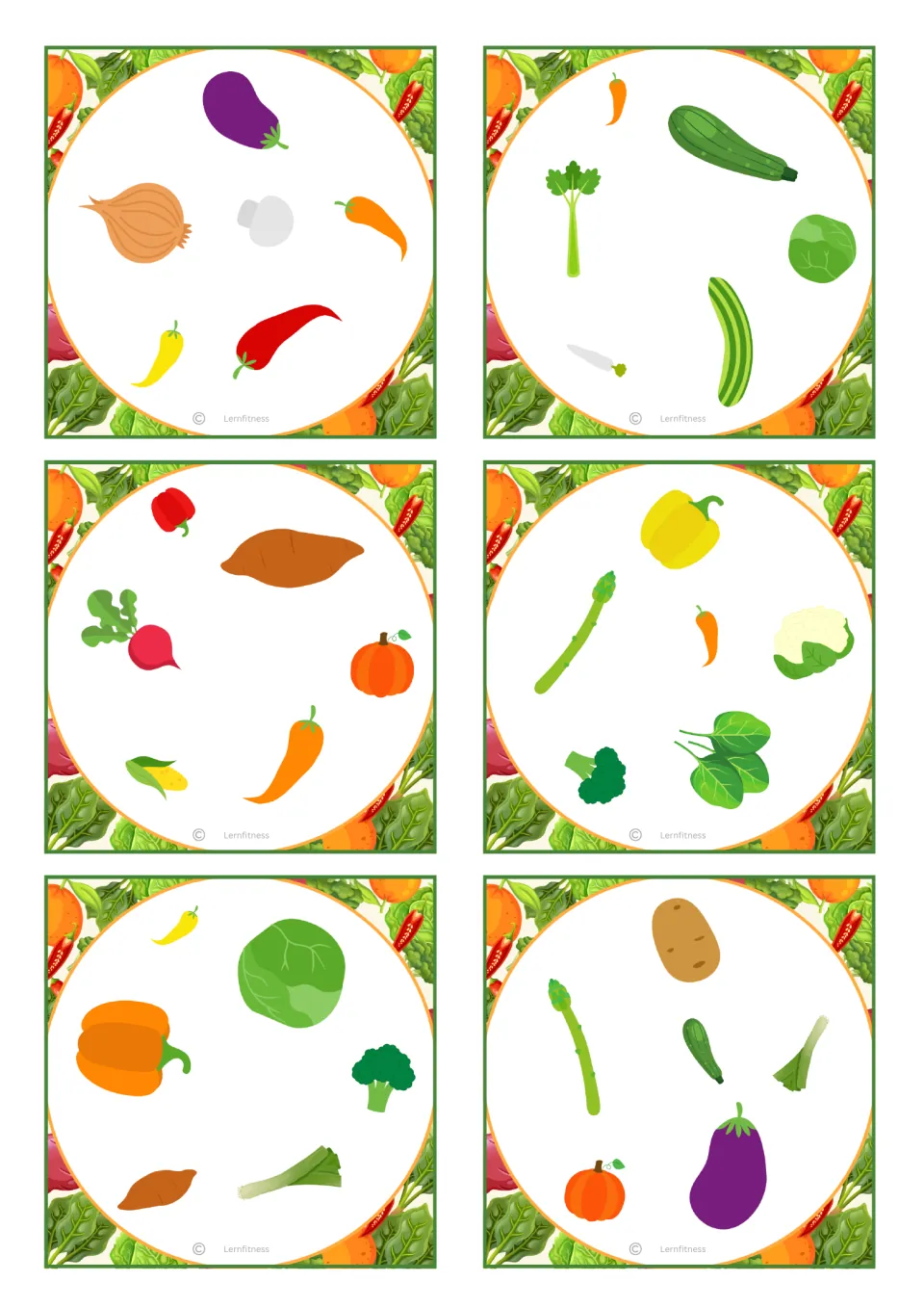 Square vegetable card set: eggplant, onion, mushroom, celery, sweet potato and asparagus shown across six game cards