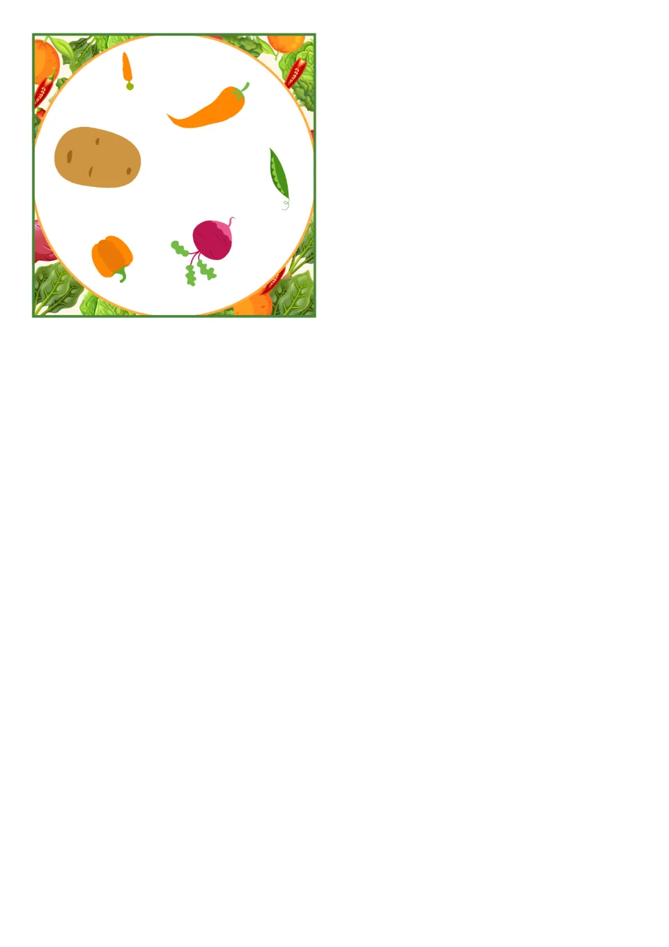 Final square vegetable card: one card with potato, carrot, pea pod, orange pepper and beet for the matching game
