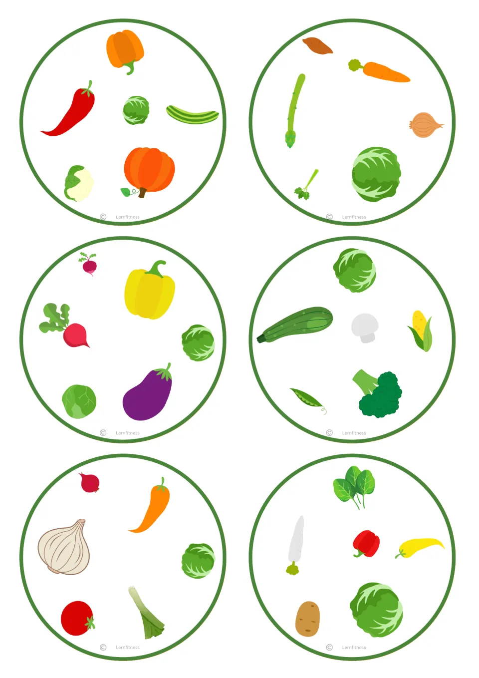 Round vegetable cards: six circle cards with chili, pumpkin, cabbage, eggplant, broccoli and leek for spotting matches