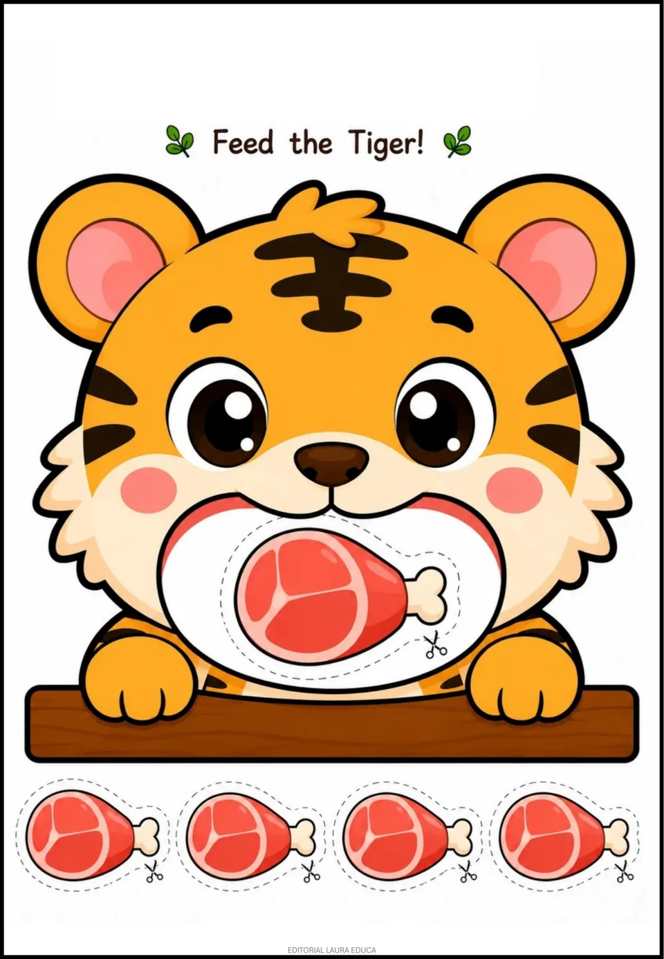 Animal-food activity sheet titled 'Feed the Tiger!' showing meat in the tiger's mouth and four meat cutouts