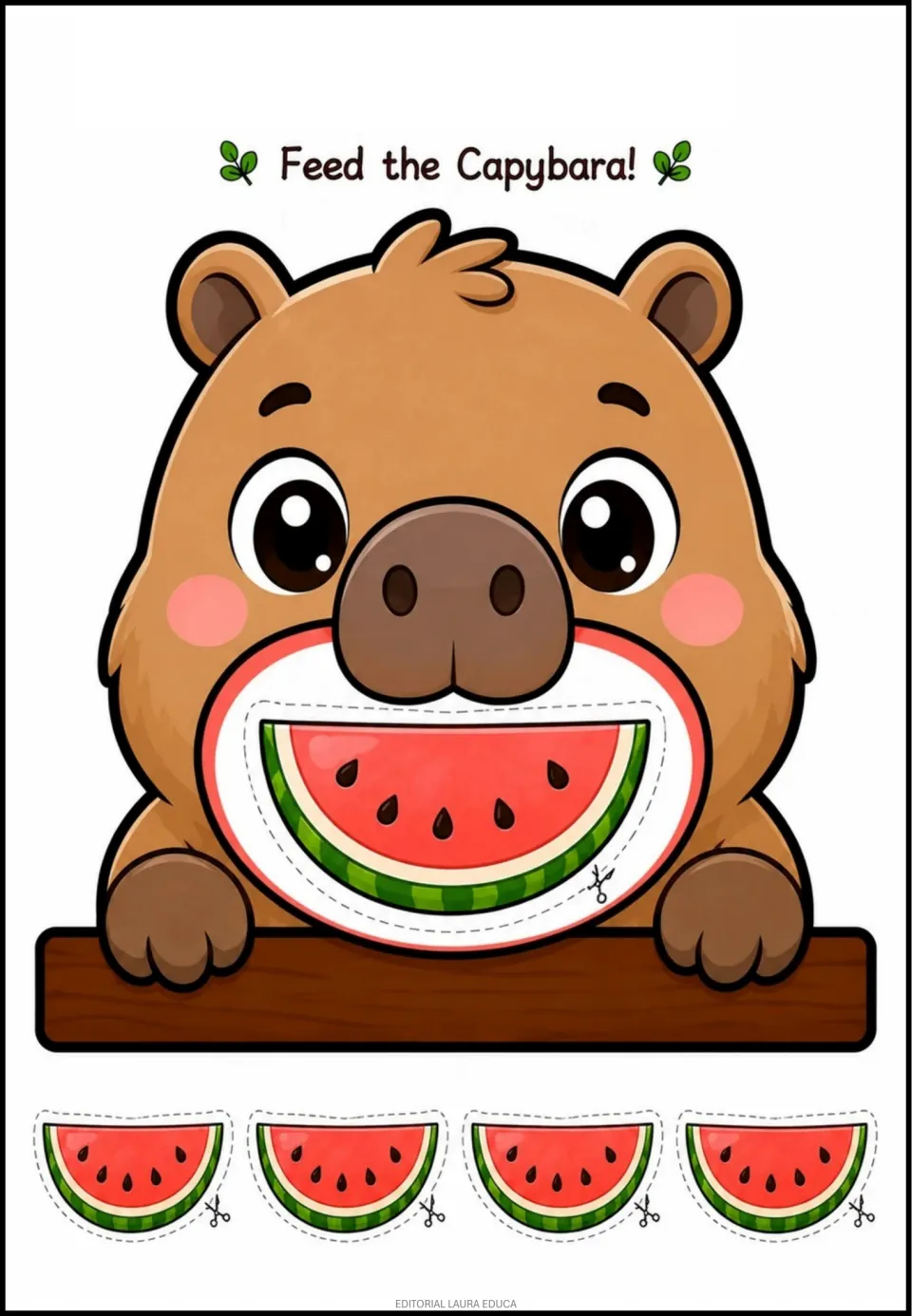 Animal-food activity sheet titled 'Feed the Capybara!' with a watermelon mouth picture and four watermelon cutouts