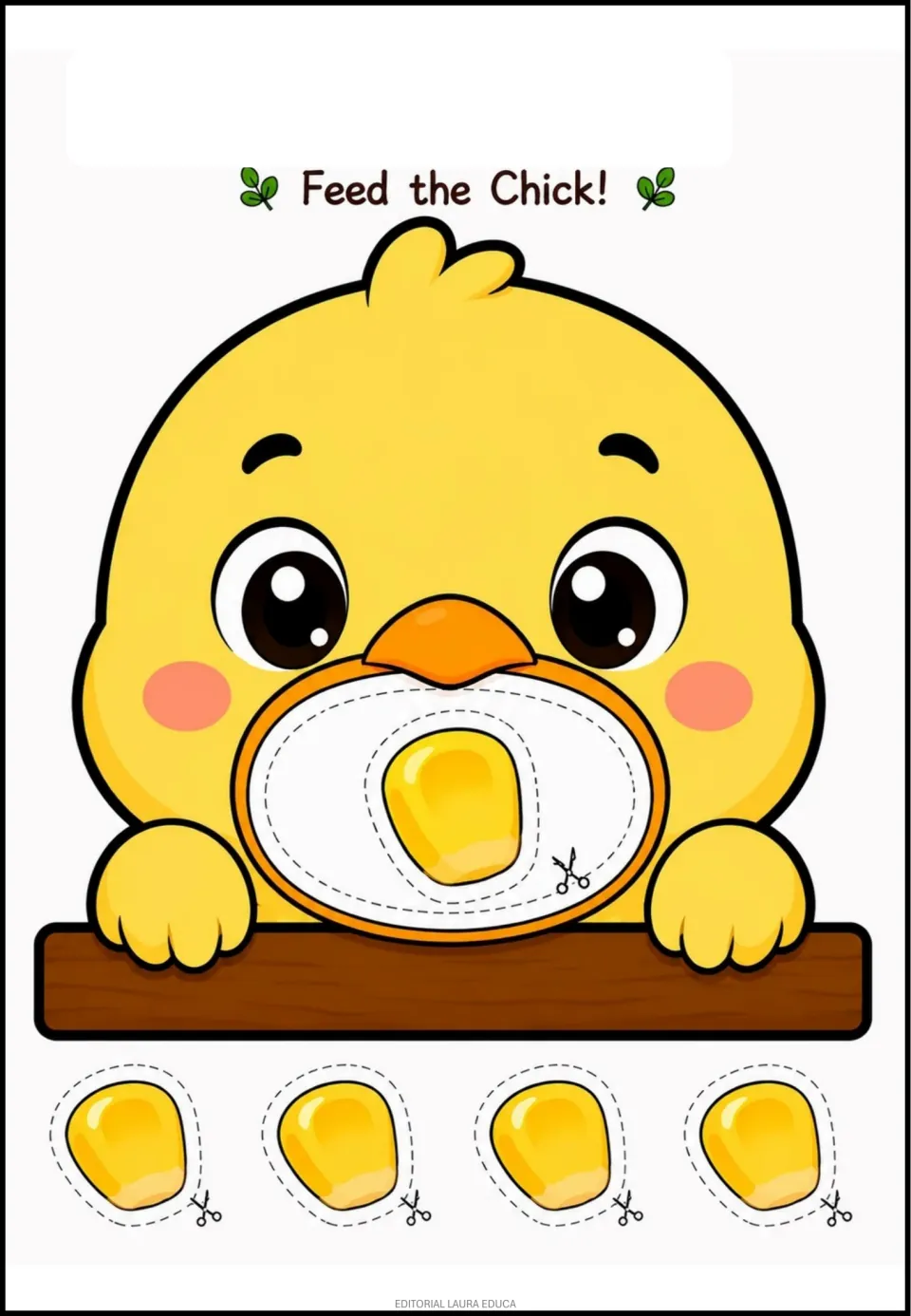 Animal-food activity sheet titled 'Feed the Chick!' showing corn in the chick's mouth and four corn cutouts