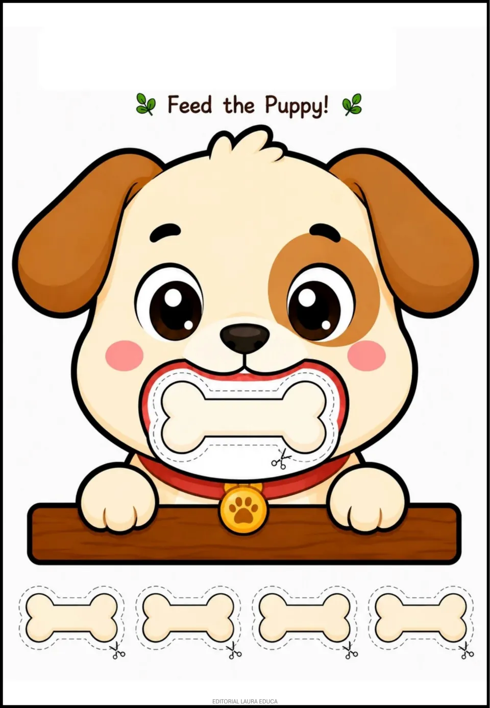 Animal-food activity sheet titled 'Feed the Puppy!' showing a bone in the puppy's mouth and four bone cutouts