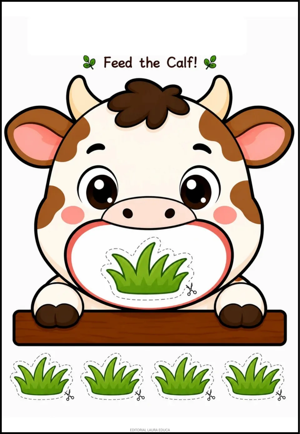 Animal-food activity sheet titled 'Feed the Calf!' showing grass in the calf's mouth and four grass cutouts