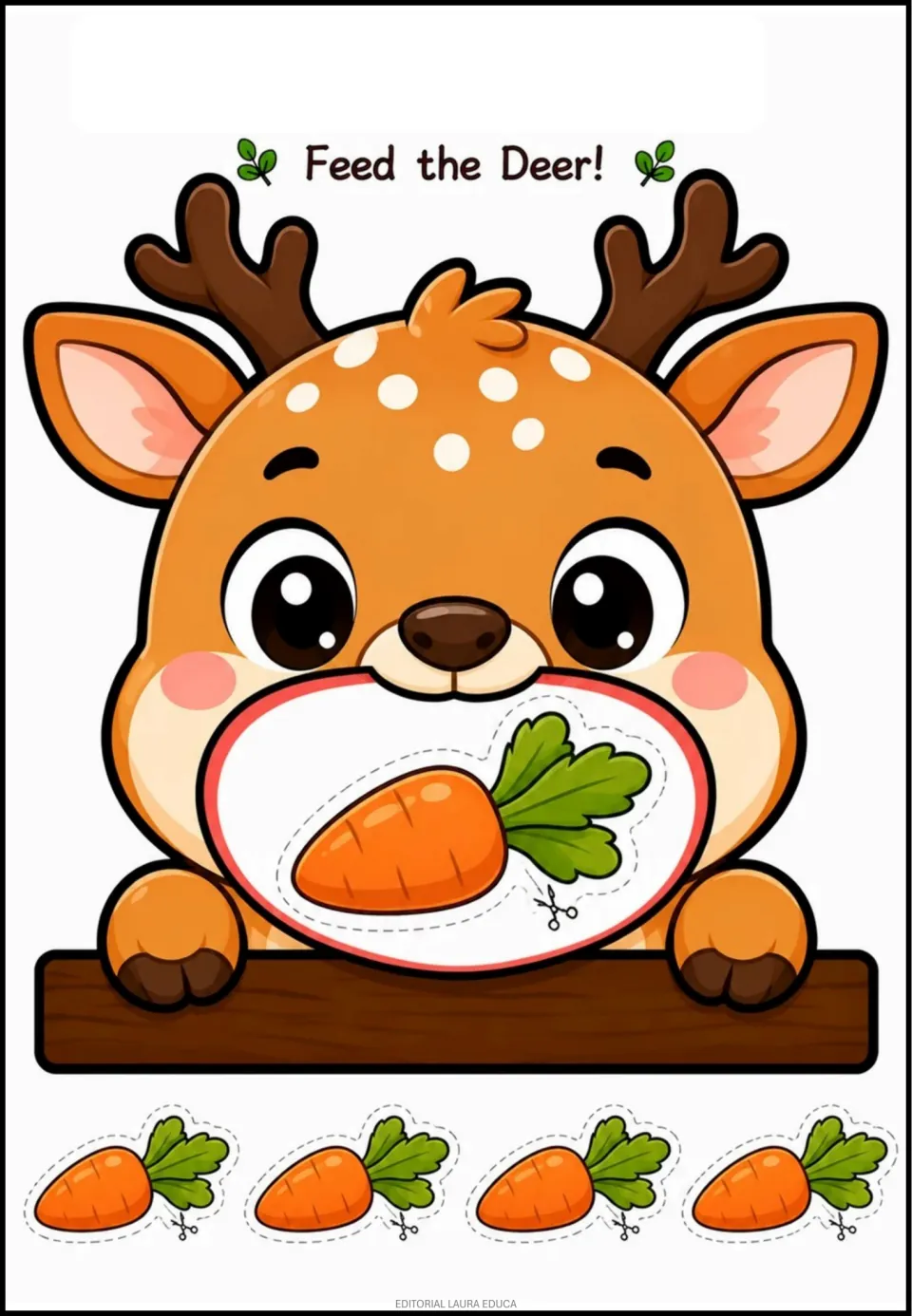 Animal-food activity sheet titled 'Feed the Deer!' showing a carrot in the deer's mouth and four carrot cutouts