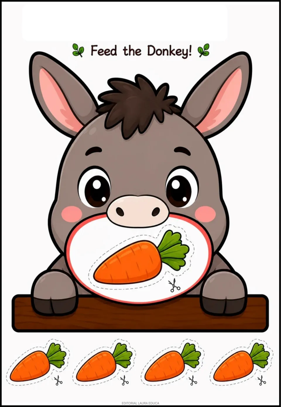 Animal-food activity sheet titled 'Feed the Donkey!' with a carrot in the donkey's mouth and four carrot cutouts