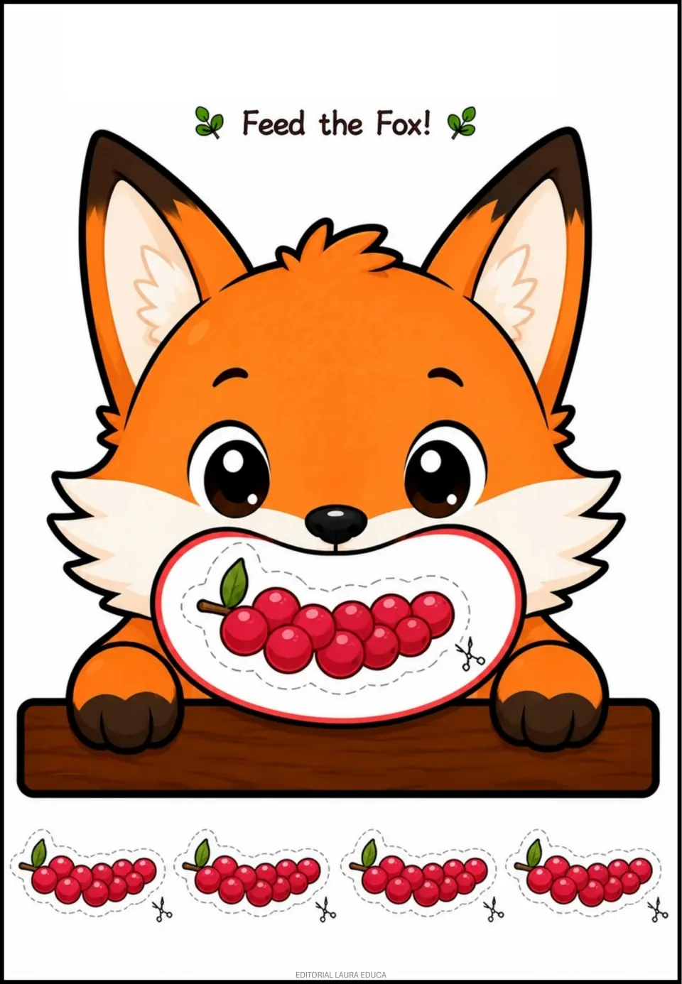 Animal-food activity sheet titled 'Feed the Fox!' showing berries in the fox's mouth and four berry cutouts