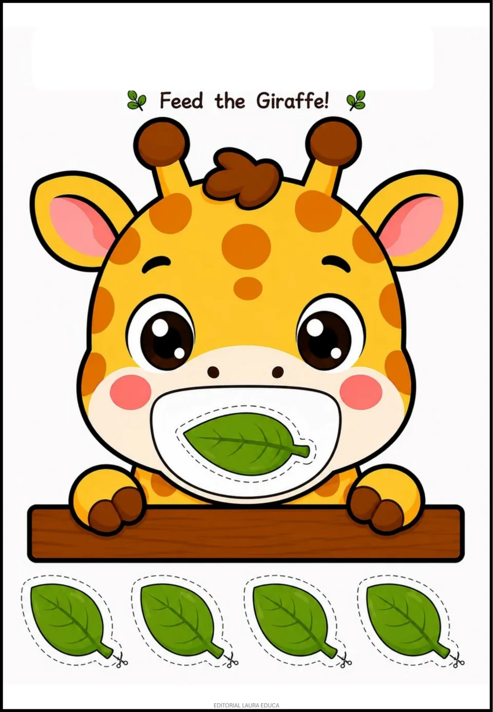 Animal-food activity sheet titled 'Feed the Giraffe!' with a leaf in the giraffe's mouth and four leaf cutouts