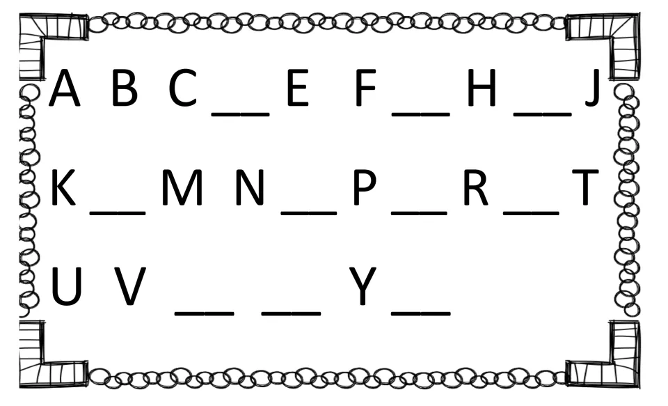 Uppercase alphabet order: students write the 10 missing capitals, such as D, G and I, in the blanks from A to Z