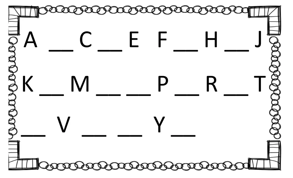 Uppercase alphabet order: students fill 13 blanks, including B, D, N and U, in an A to Z sequence with fewer letters shown