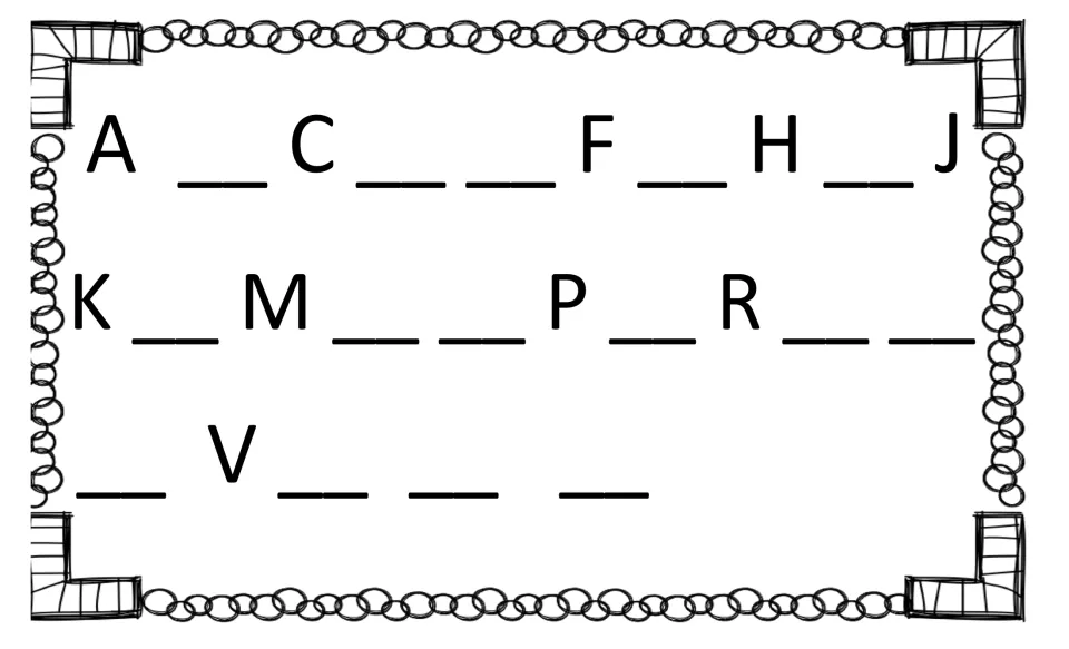 Uppercase alphabet order: only A, C, F, H, J, K, M, P, R and V are given; students write the missing capitals in the blanks