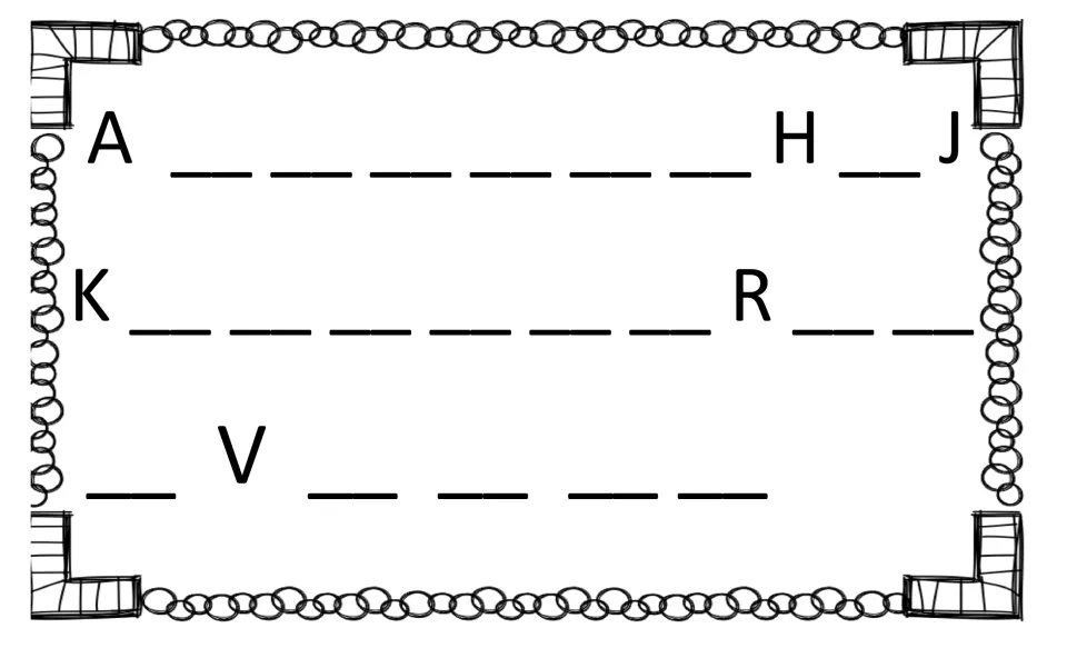 Uppercase alphabet order: with only A, H, J, K, R and V printed, students write the long runs of missing capital letters
