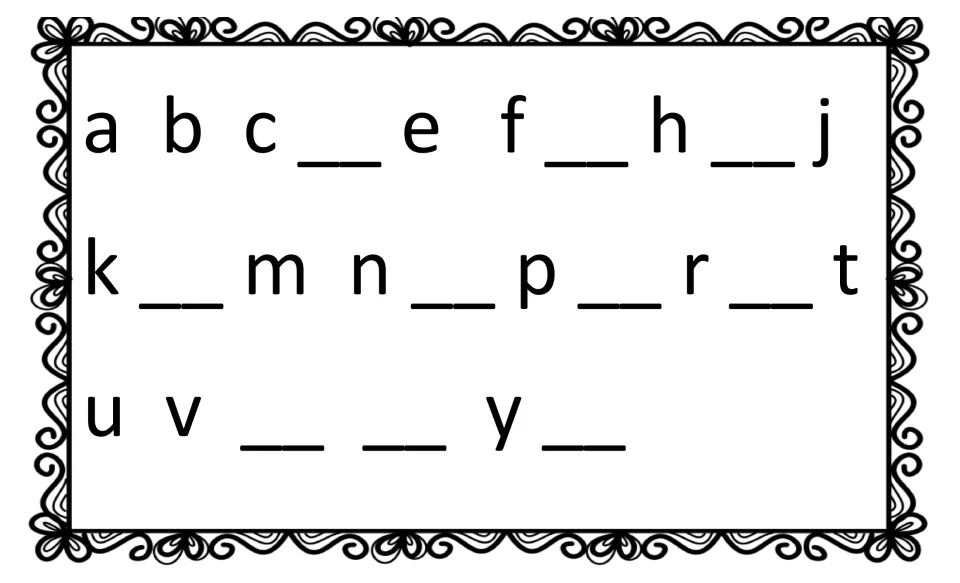 Lowercase alphabet order: students write the 10 missing small letters, such as d, g and i, in the blanks from a to z