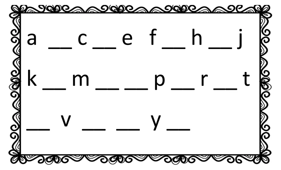 Lowercase alphabet order: students fill 13 blanks, including b, d, n and u, in an a to z sequence with fewer letters given