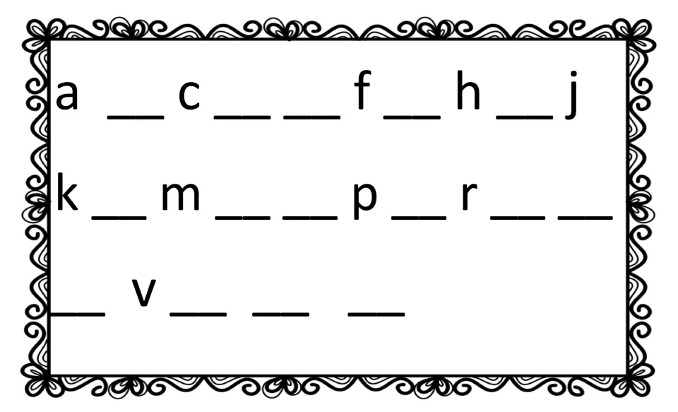 Lowercase alphabet order: only a, c, f, h, j, k, m, p, r and v are given; students write the missing small letters