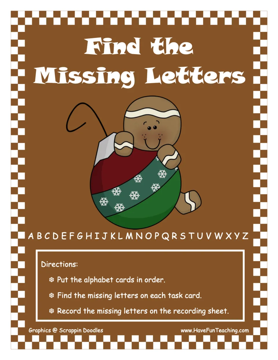 Find the Missing Letters cover: gingerbread on an ornament, A to Z alphabet and directions to order and record letters