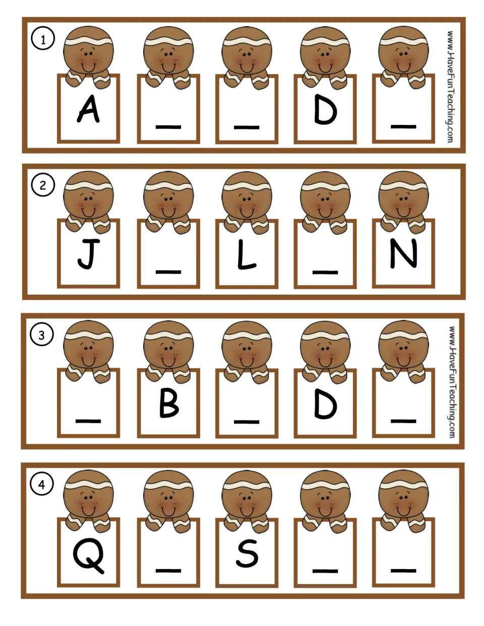 Alphabet sequencing task cards 1 to 4: students fill in missing letters in gingerbread rows like A _ _ D _ and J _ L _ N