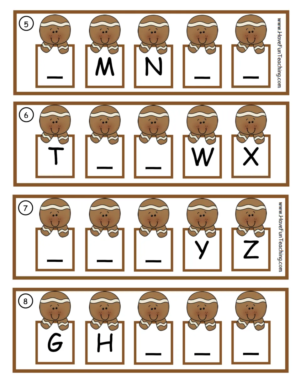 Alphabet sequencing task cards 5 to 8: students supply missing letters in rows like _ M N _ _, T _ _ W X and G H _ _ _