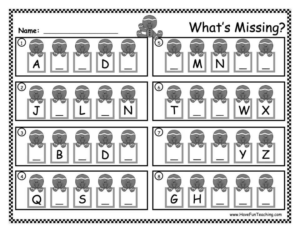 What's Missing? recording sheet: students write the missing letters for all 8 gingerbread alphabet task cards