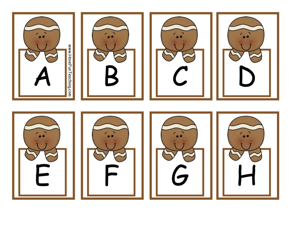 Gingerbread alphabet cards A to H: students put these letter cards in ABC order as part of the sequencing activity