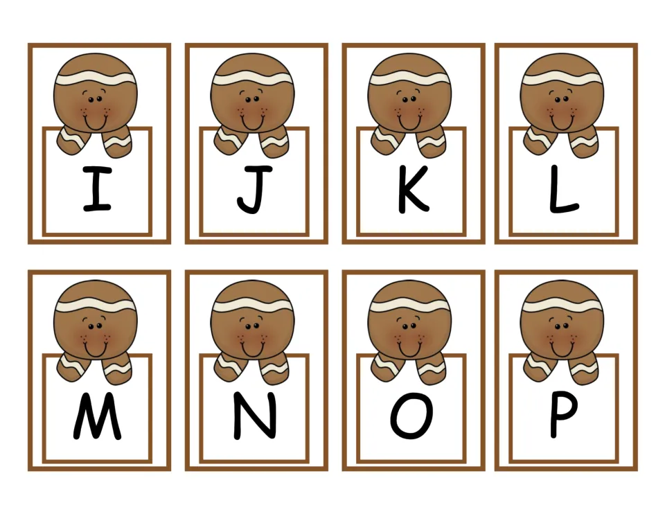 Gingerbread alphabet cards I to P: students cut out each letter card and place it in alphabetical order