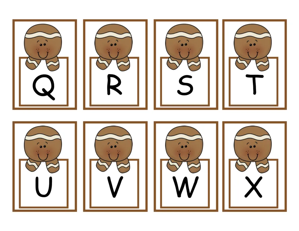 Gingerbread alphabet cards Q to X: students cut apart the letters and arrange them in sequence with the rest of the set