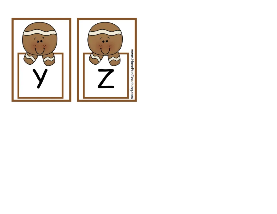 Gingerbread alphabet cards Y and Z: the last two letter cards, completing the A to Z set students put in order