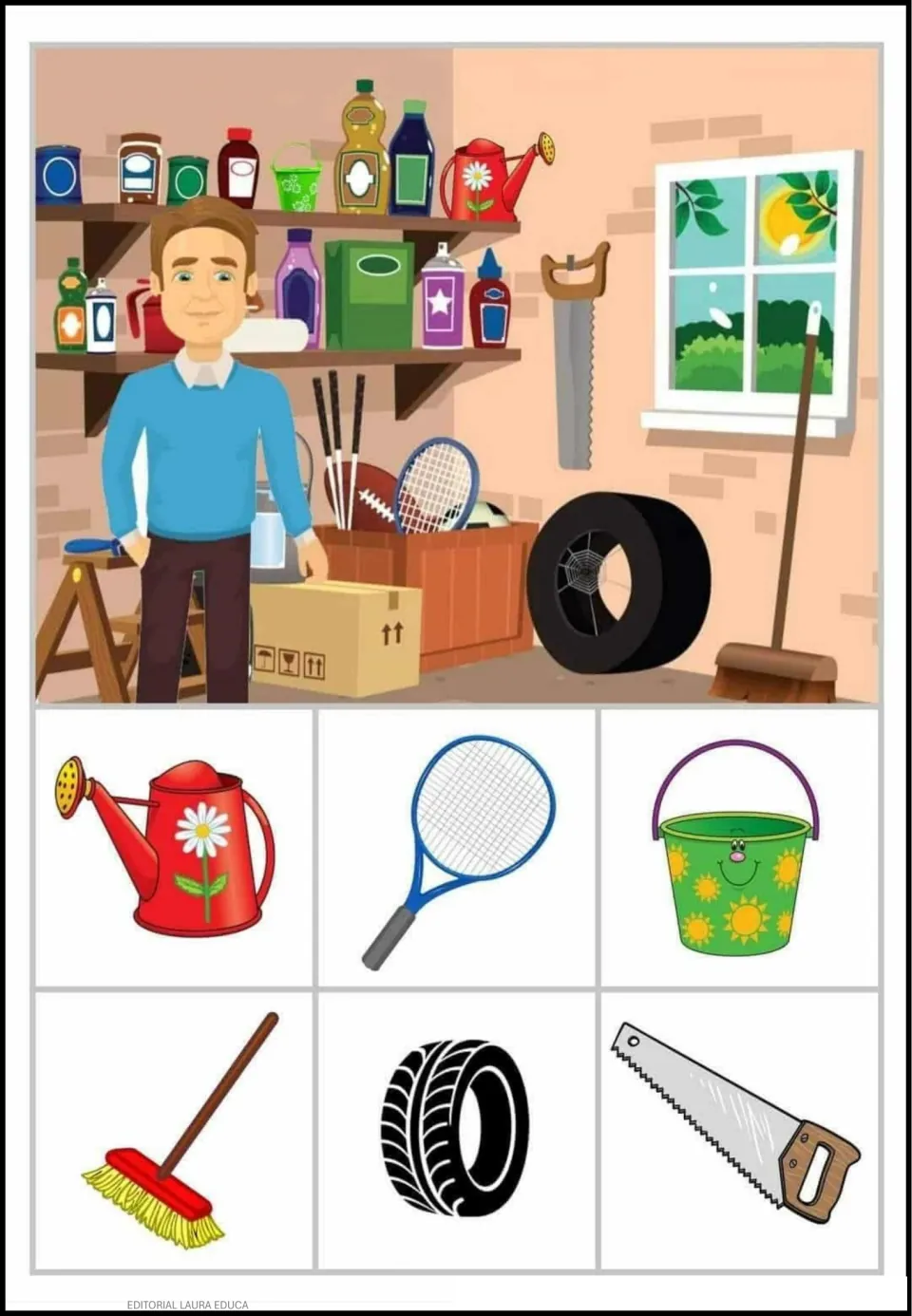 Object-finding activity 1: garage scene with a watering can, racket, bucket, broom, tire, and saw to find