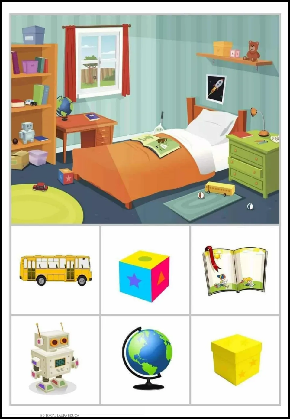Object-finding activity 2: bedroom scene with a bus, block, open book, robot, globe, and yellow box to find