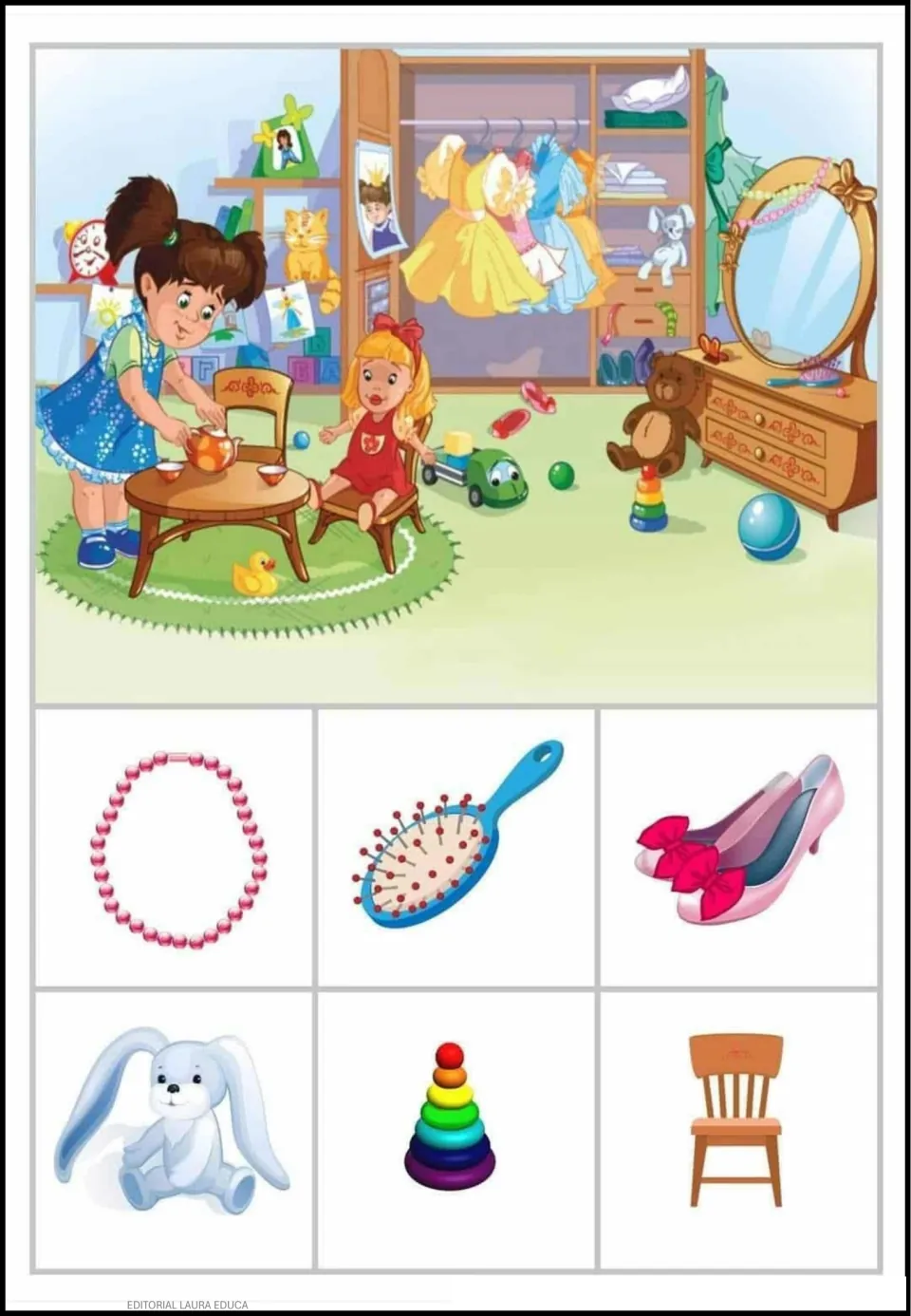 Object-finding activity 3: playroom scene with a necklace, hairbrush, shoes, bunny, stacking rings, and chair