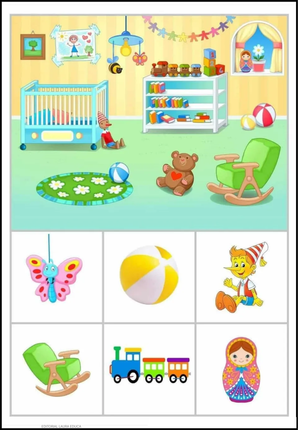 Object-finding activity 5: nursery scene with a butterfly, ball, puppet, rocking chair, train, and nesting doll