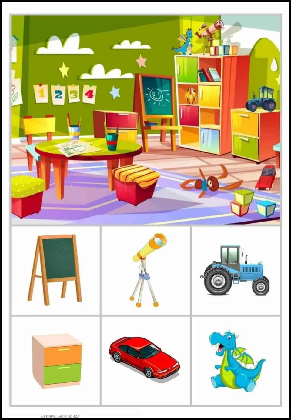 Object-finding activity 6: playroom scene with a chalkboard, telescope, tractor, cabinet, car, and dragon