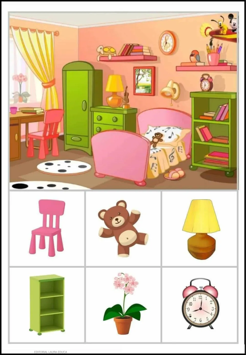Object-finding activity 7: bedroom scene with a chair, teddy bear, lamp, bookcase, plant, and alarm clock