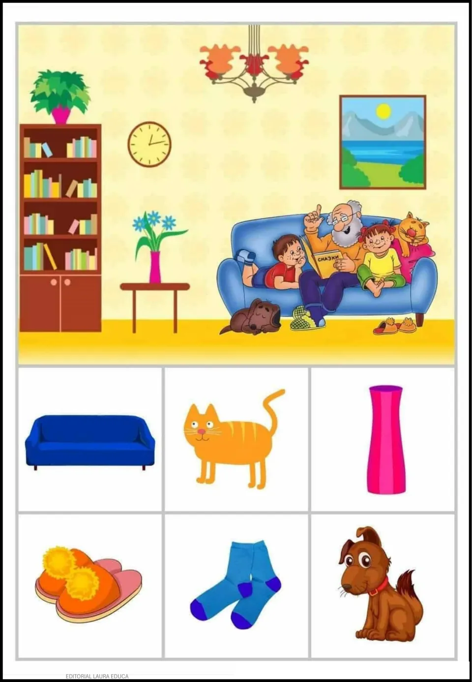 Object-finding activity 8: living room scene with a couch, cat, vase, slippers, socks, and dog to find