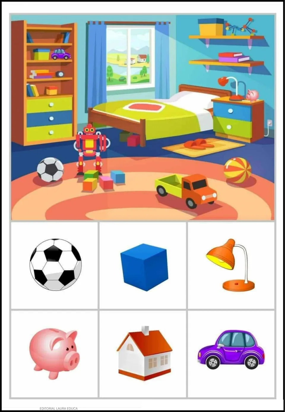 Object-finding activity 9: bedroom scene with a soccer ball, blue block, lamp, piggy bank, house, and car