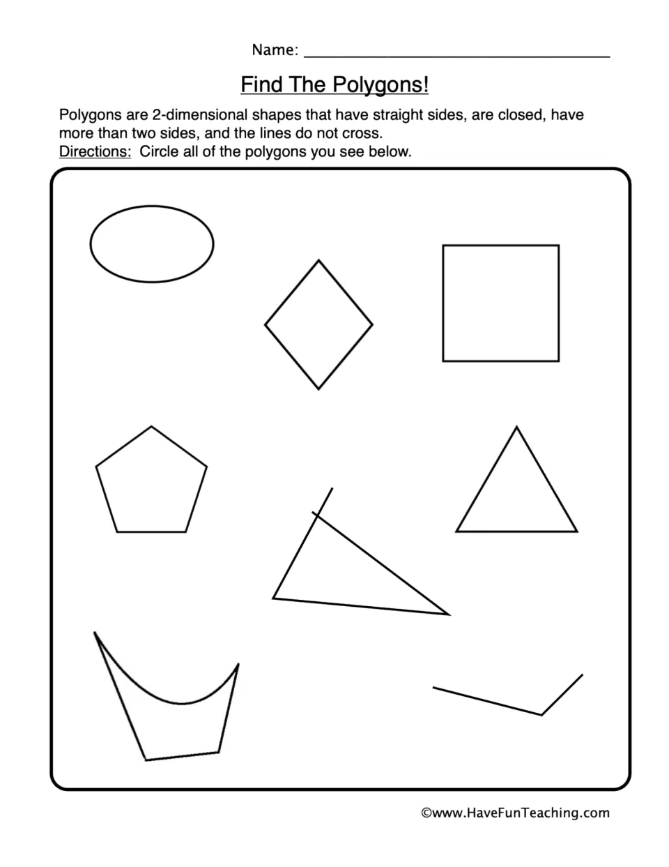 Polygon identification worksheet: circle polygons among eight shapes, including a rhombus, square and triangle