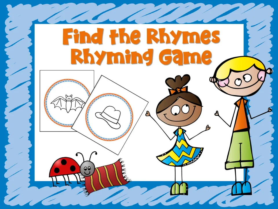 Cover of the Find the Rhyme Rhyming Game, showing sample bat and hat picture cards as a rhyming pair