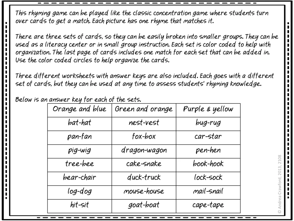 Teacher directions for a concentration-style rhyme match, listing the rhyming pairs in the orange, green and purple sets